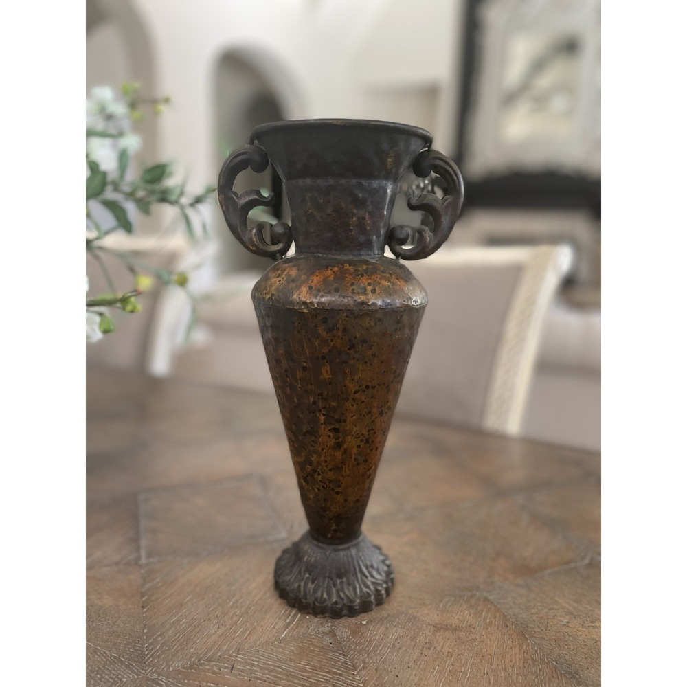 Hammered Brown Metal Handled Urn Vase Planter 13.5" Home Decor